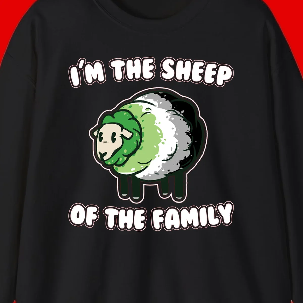 Cartoon sheep with fluffy multi-colored wool and cute face, with text reading 'I'm the sheep of the family'