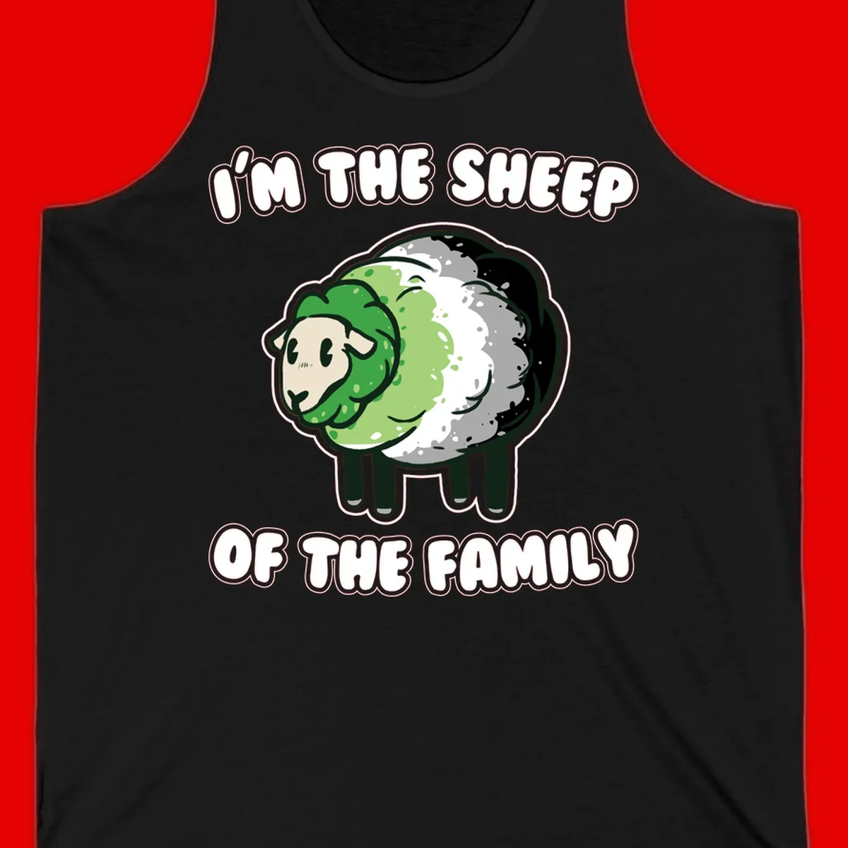 Cartoon sheep with fluffy multi-colored wool and cute face, with text reading 'I'm the sheep of the family'