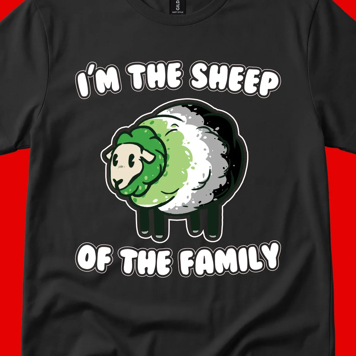 Cartoon sheep with fluffy multi-colored wool and cute face, with text reading 'I'm the sheep of the family'