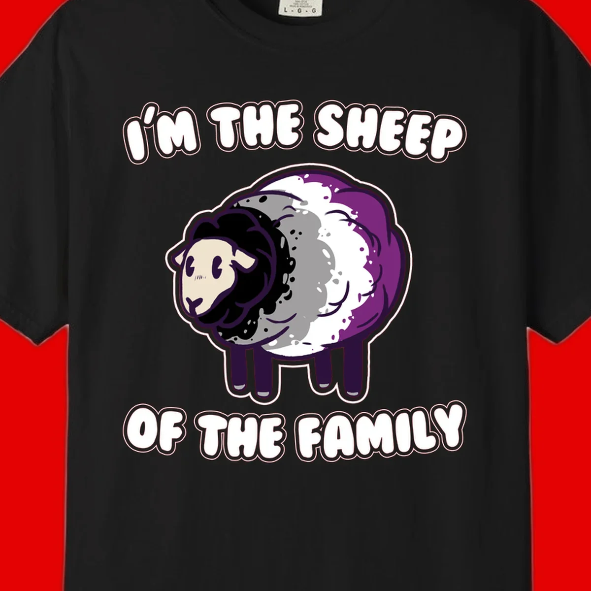 Cartoon purple and white sheep with text 'I'm the sheep of the family' - humorous family dynamic design