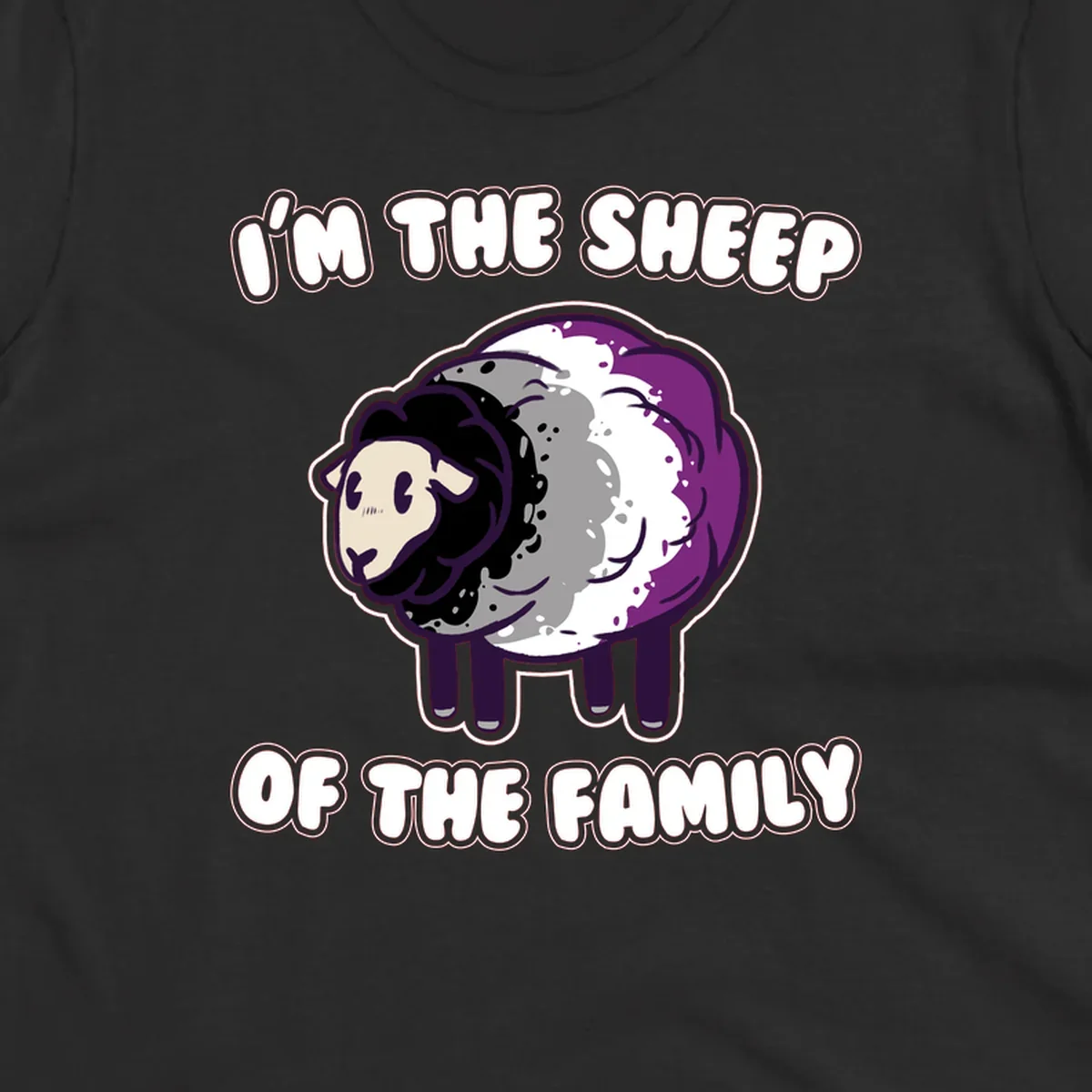 Cartoon purple and white sheep with text 'I'm the sheep of the family' - humorous family dynamic design
