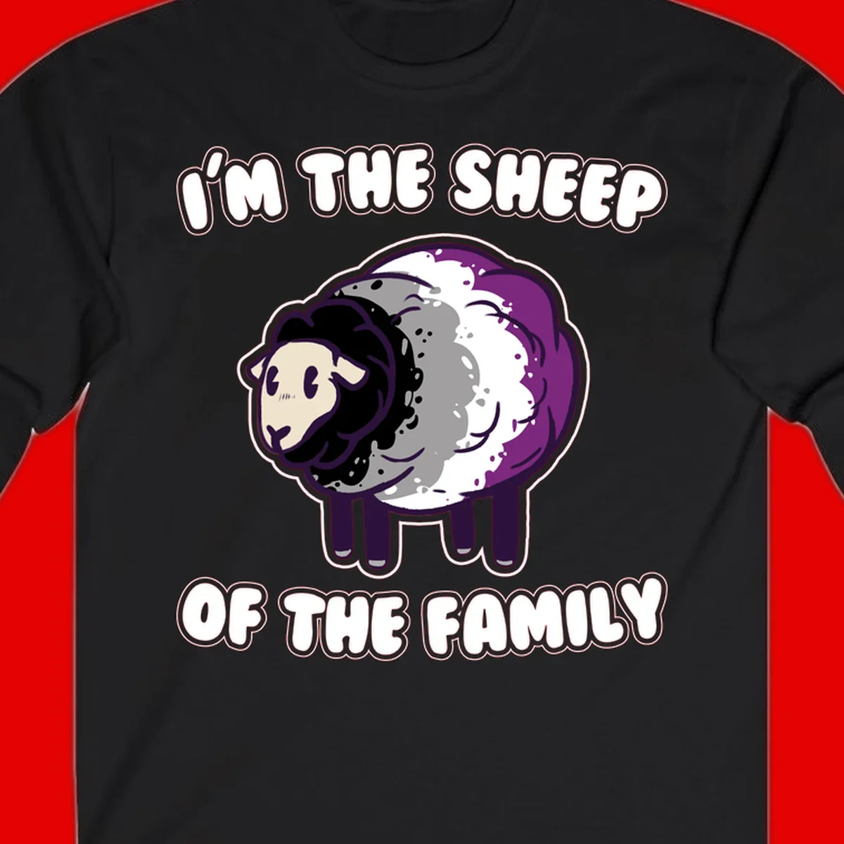 Cartoon purple and white sheep with text 'I'm the sheep of the family' - humorous family dynamic design