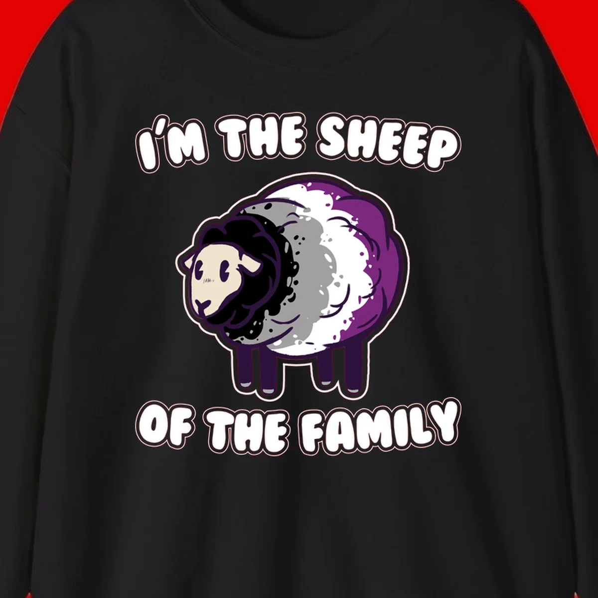 Cartoon purple and white sheep with text 'I'm the sheep of the family' - humorous family dynamic design