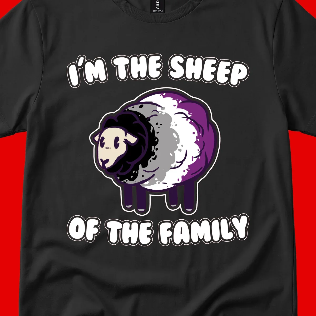 Cartoon purple and white sheep with text 'I'm the sheep of the family' - humorous family dynamic design