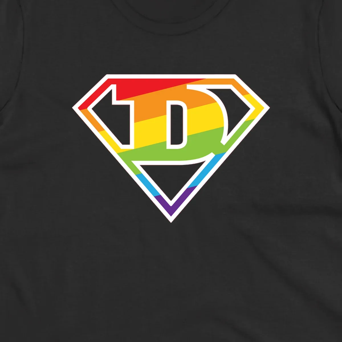 Rainbow pride shield with letter D centered, featuring red, orange, yellow, green, blue, and purple horizontal stripes with white chevron borders