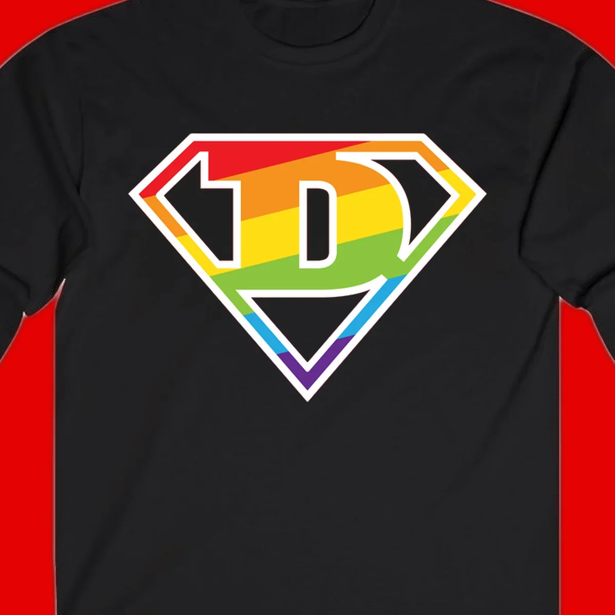 Rainbow pride shield with letter D centered, featuring red, orange, yellow, green, blue, and purple horizontal stripes with white chevron borders