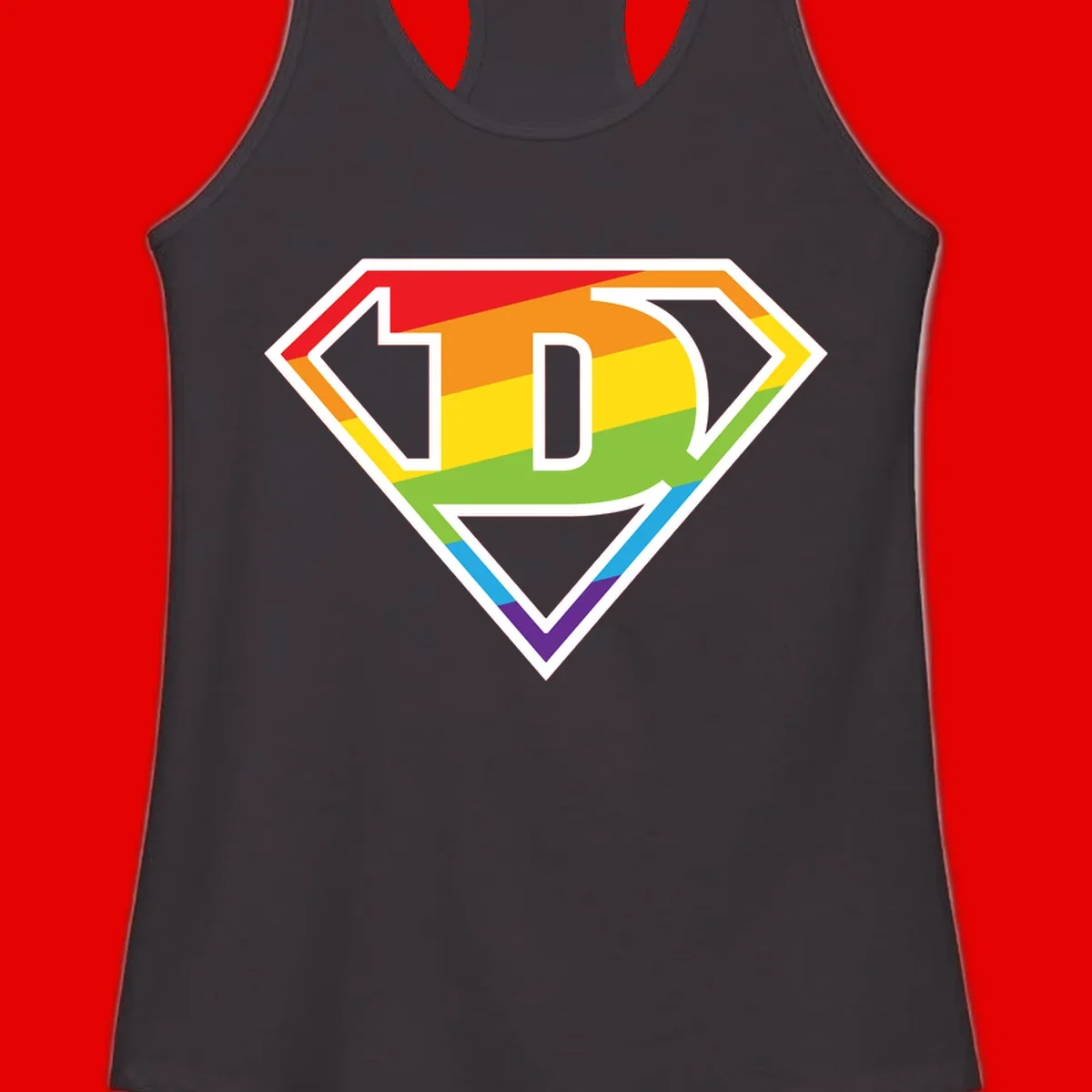 Rainbow pride shield with letter D centered, featuring red, orange, yellow, green, blue, and purple horizontal stripes with white chevron borders