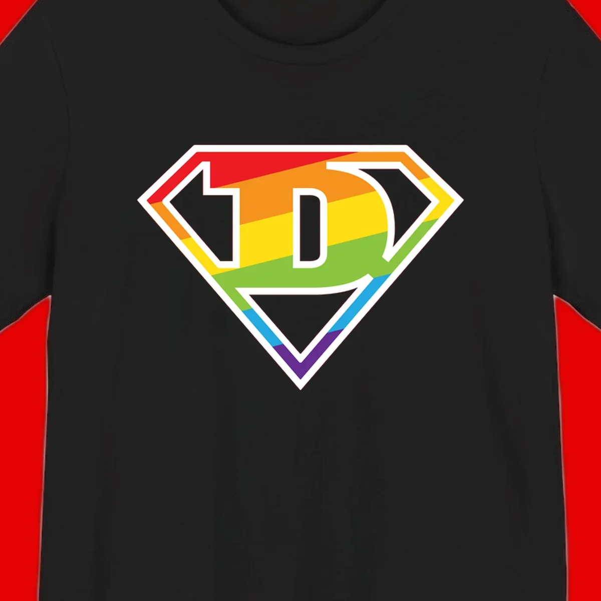 Rainbow pride shield with letter D centered, featuring red, orange, yellow, green, blue, and purple horizontal stripes with white chevron borders