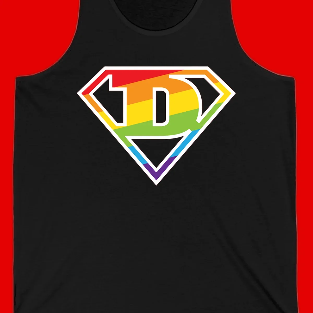 Rainbow pride shield with letter D centered, featuring red, orange, yellow, green, blue, and purple horizontal stripes with white chevron borders
