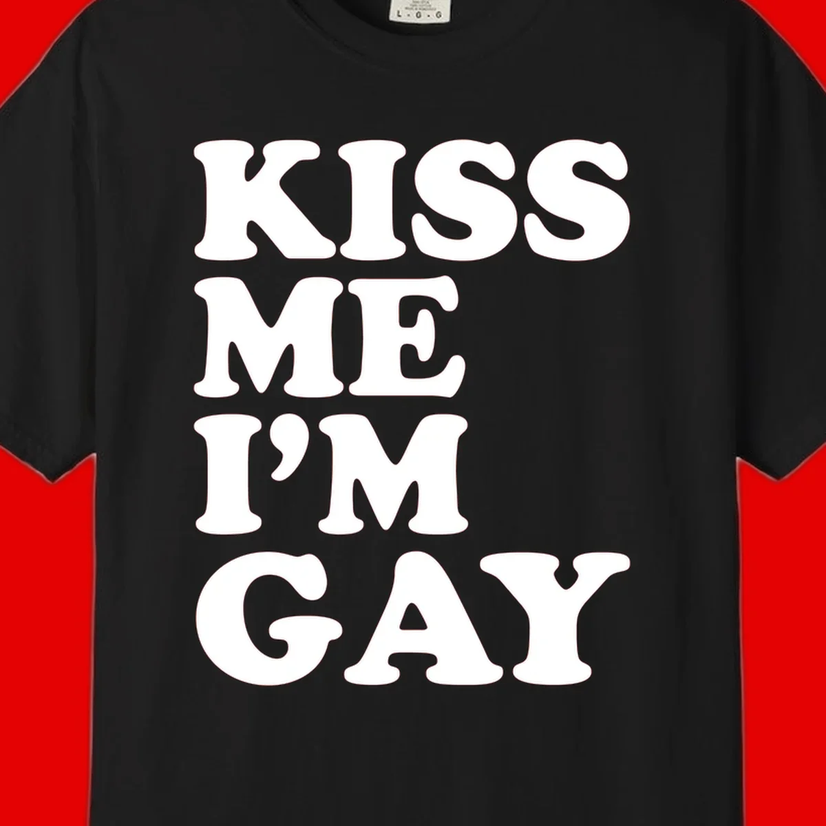 Bold white block letters spelling 'KISS ME I'M GAY' stacked vertically on gray background