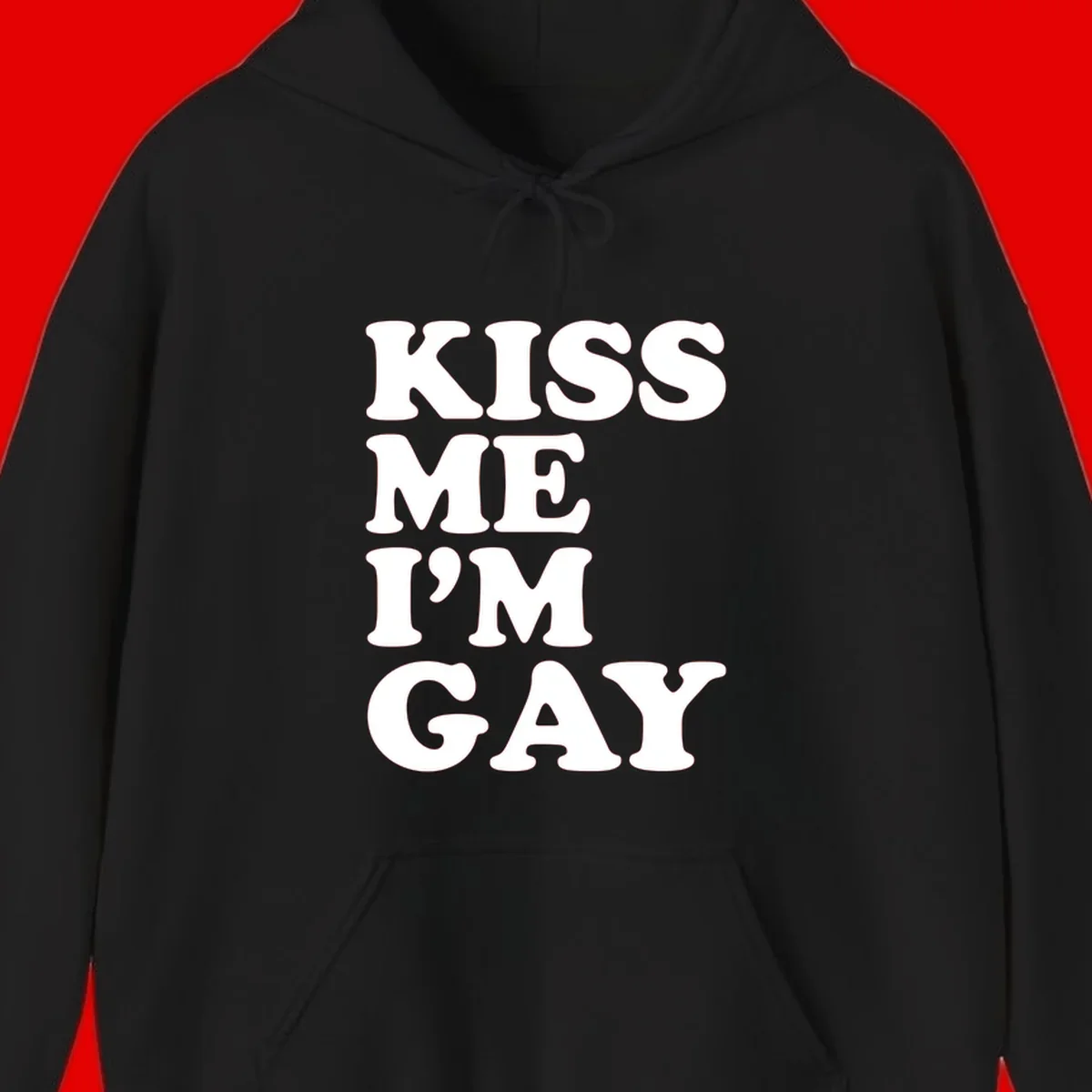 Bold white block letters spelling 'KISS ME I'M GAY' stacked vertically on gray background