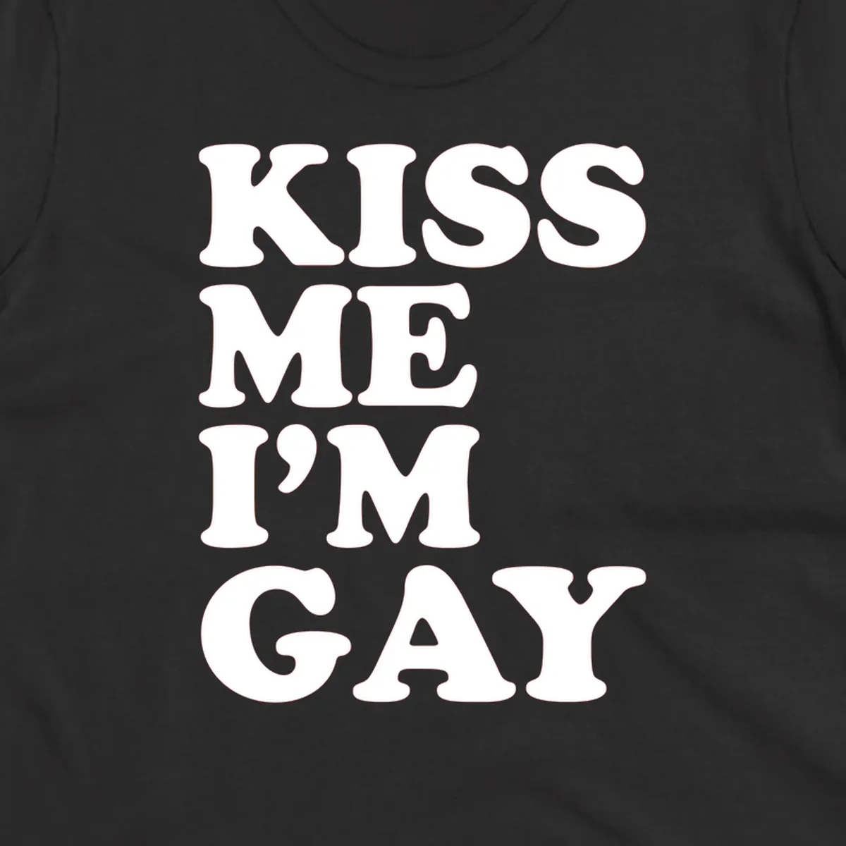 Bold white block letters spelling 'KISS ME I'M GAY' stacked vertically on gray background