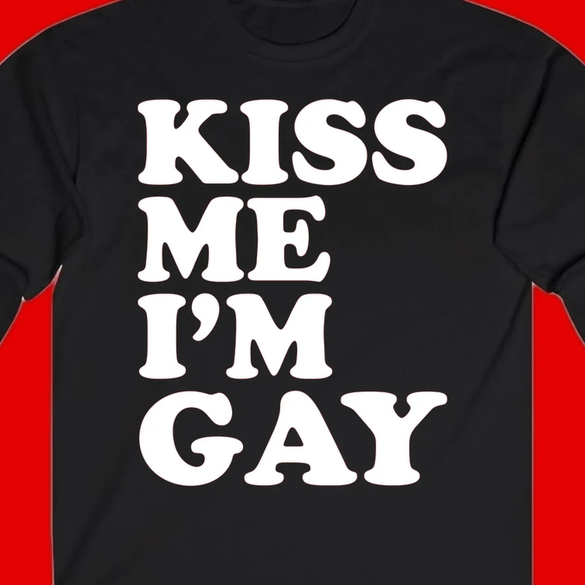 Bold white block letters spelling 'KISS ME I'M GAY' stacked vertically on gray background