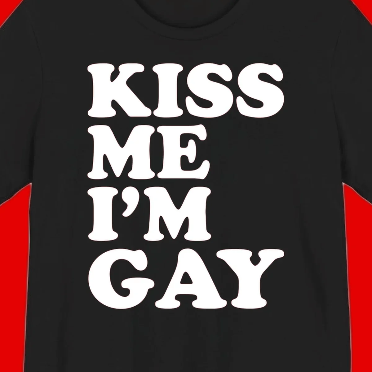 Bold white block letters spelling 'KISS ME I'M GAY' stacked vertically on gray background