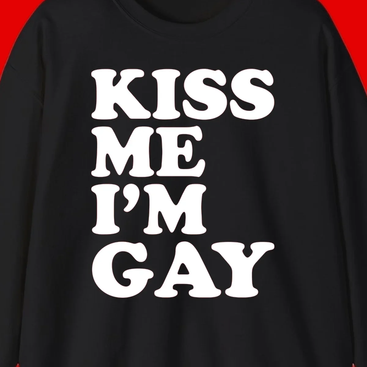 Bold white block letters spelling 'KISS ME I'M GAY' stacked vertically on gray background
