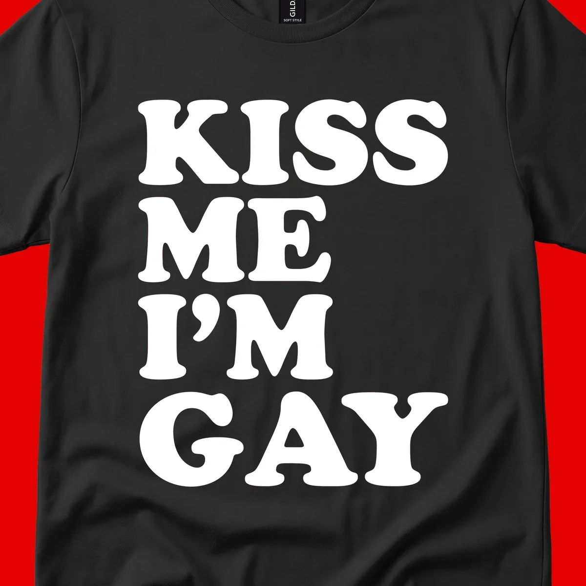 Bold white block letters spelling 'KISS ME I'M GAY' stacked vertically on gray background