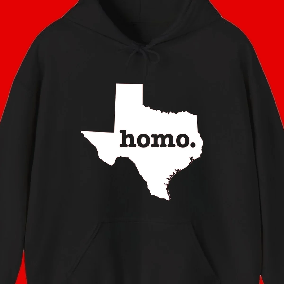 White Texas state silhouette with 'homo.' text overlay on gray background, homo-texas-pride design