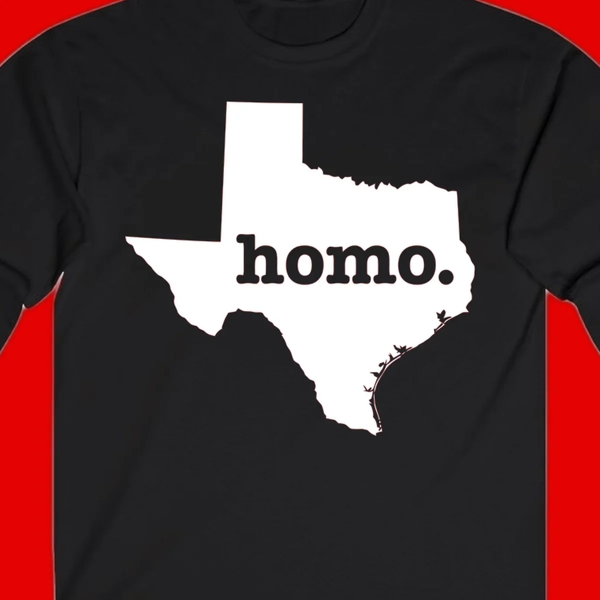 White Texas state silhouette with 'homo.' text overlay on gray background, homo-texas-pride design