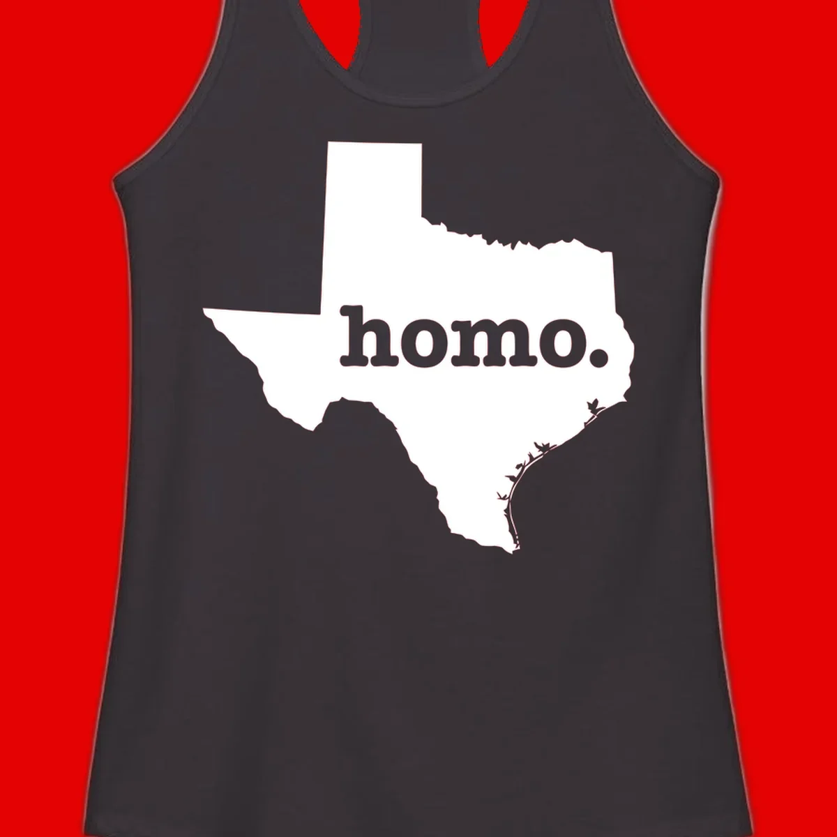 White Texas state silhouette with 'homo.' text overlay on gray background, homo-texas-pride design