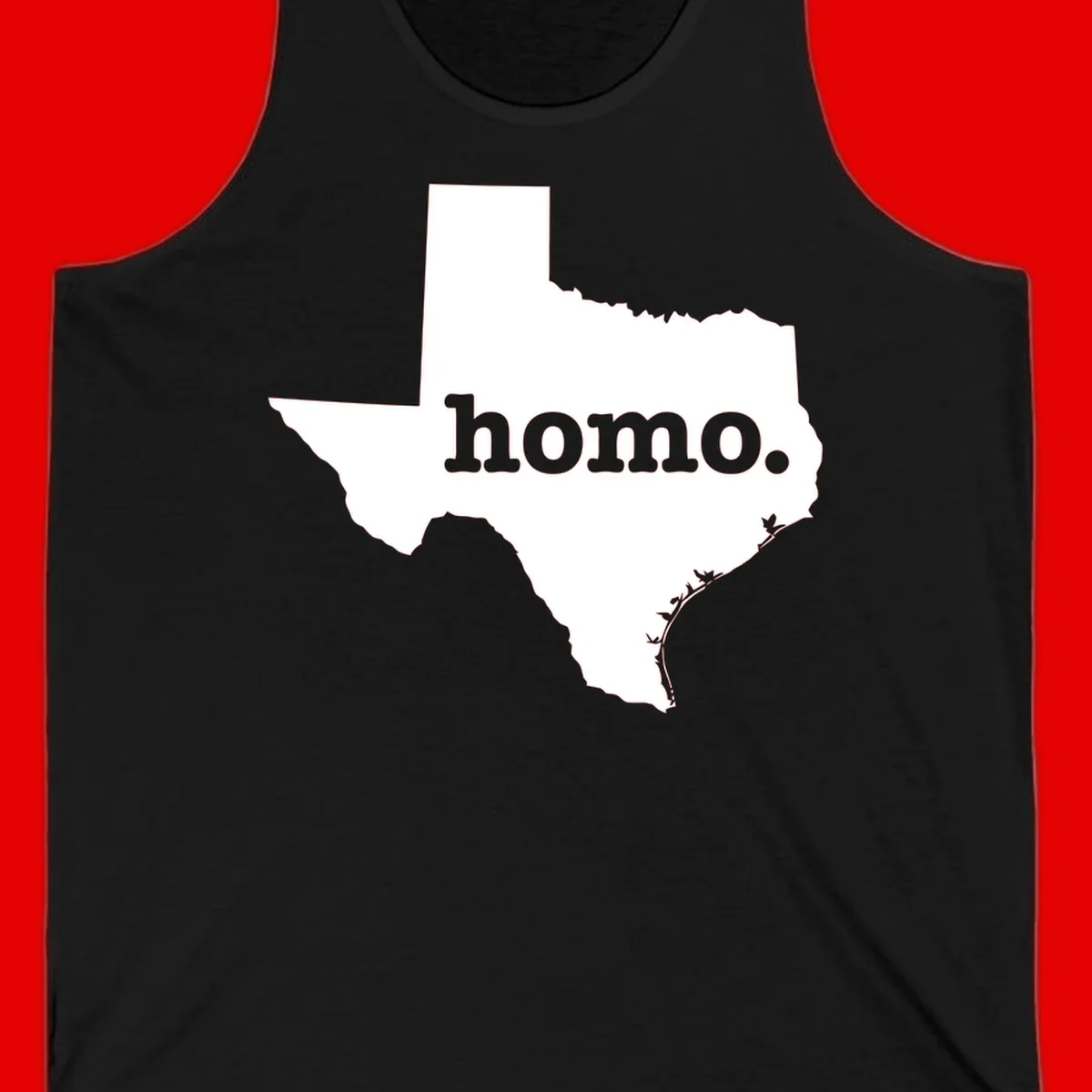 White Texas state silhouette with 'homo.' text overlay on gray background, homo-texas-pride design