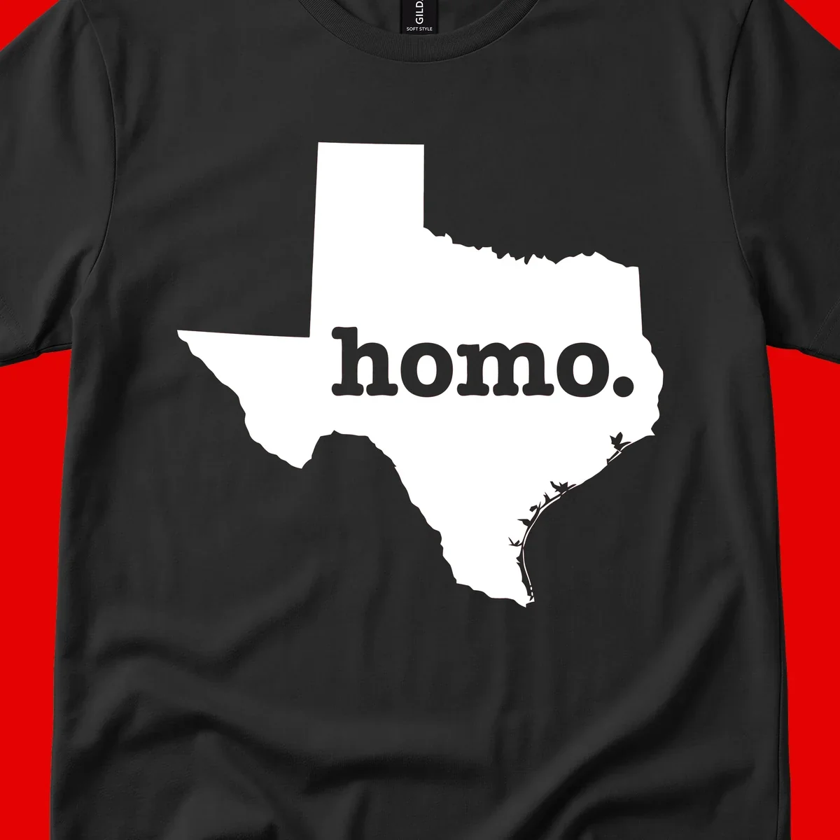 White Texas state silhouette with 'homo.' text overlay on gray background, homo-texas-pride design
