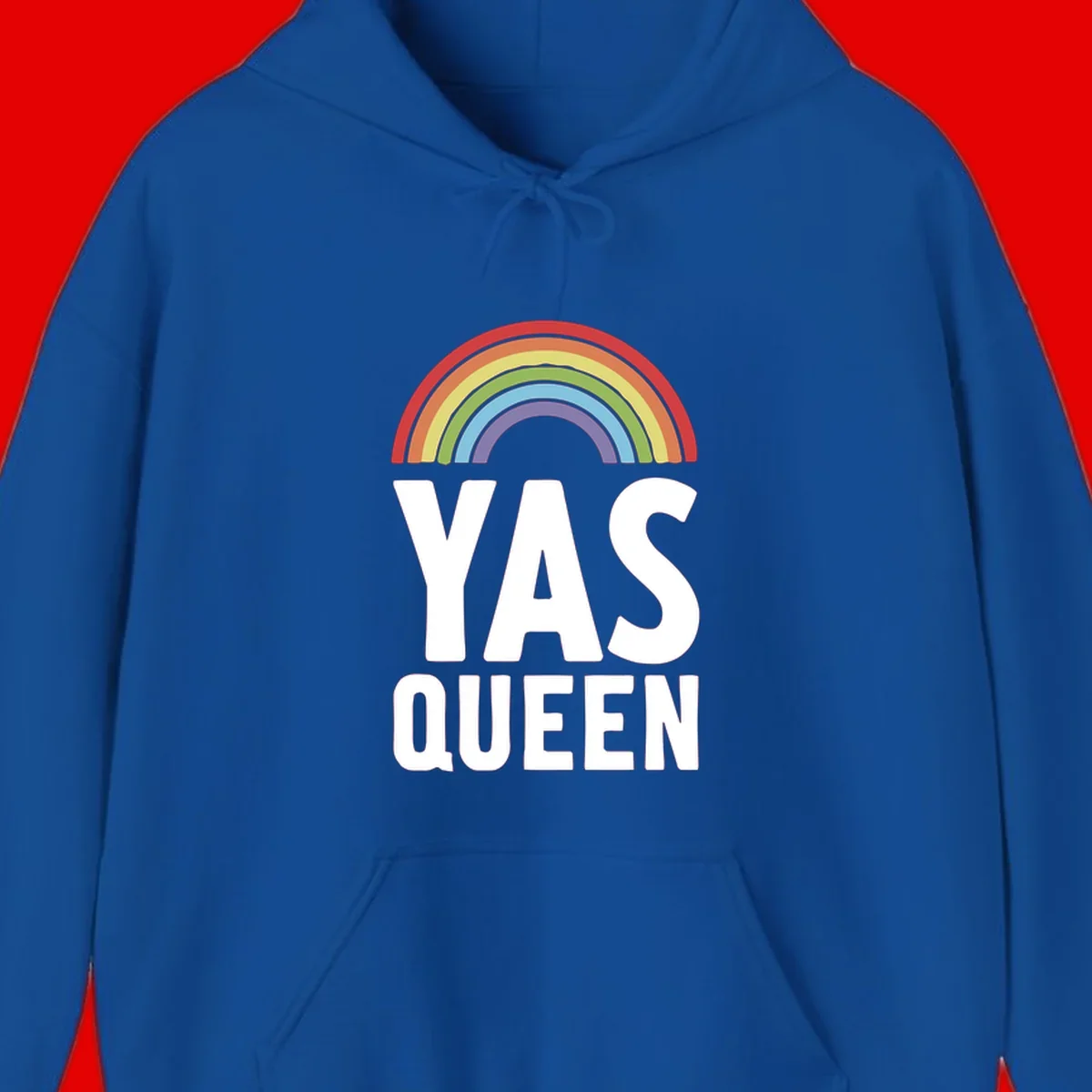 Yas queen pride rainbow design with colorful arc and bold white lettering on gray background
