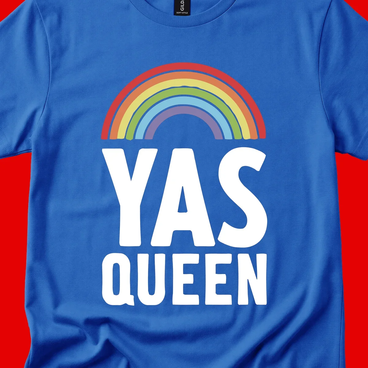 Yas queen pride rainbow design with colorful arc and bold white lettering on gray background