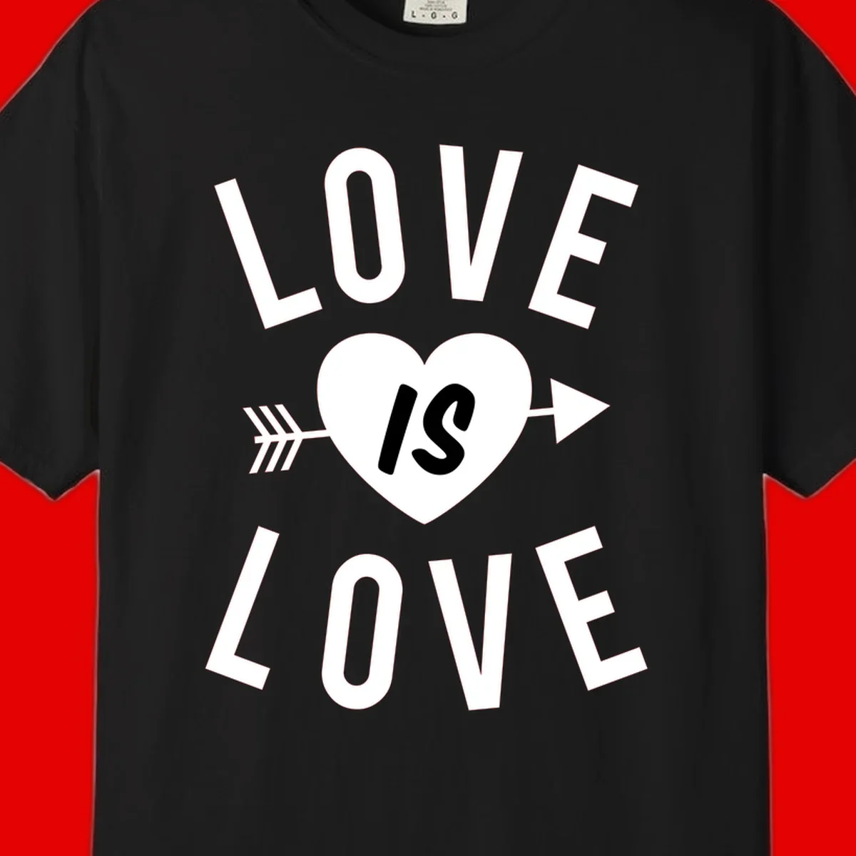Love is love arrow heart design with white text and heart pierced by arrow on gray background