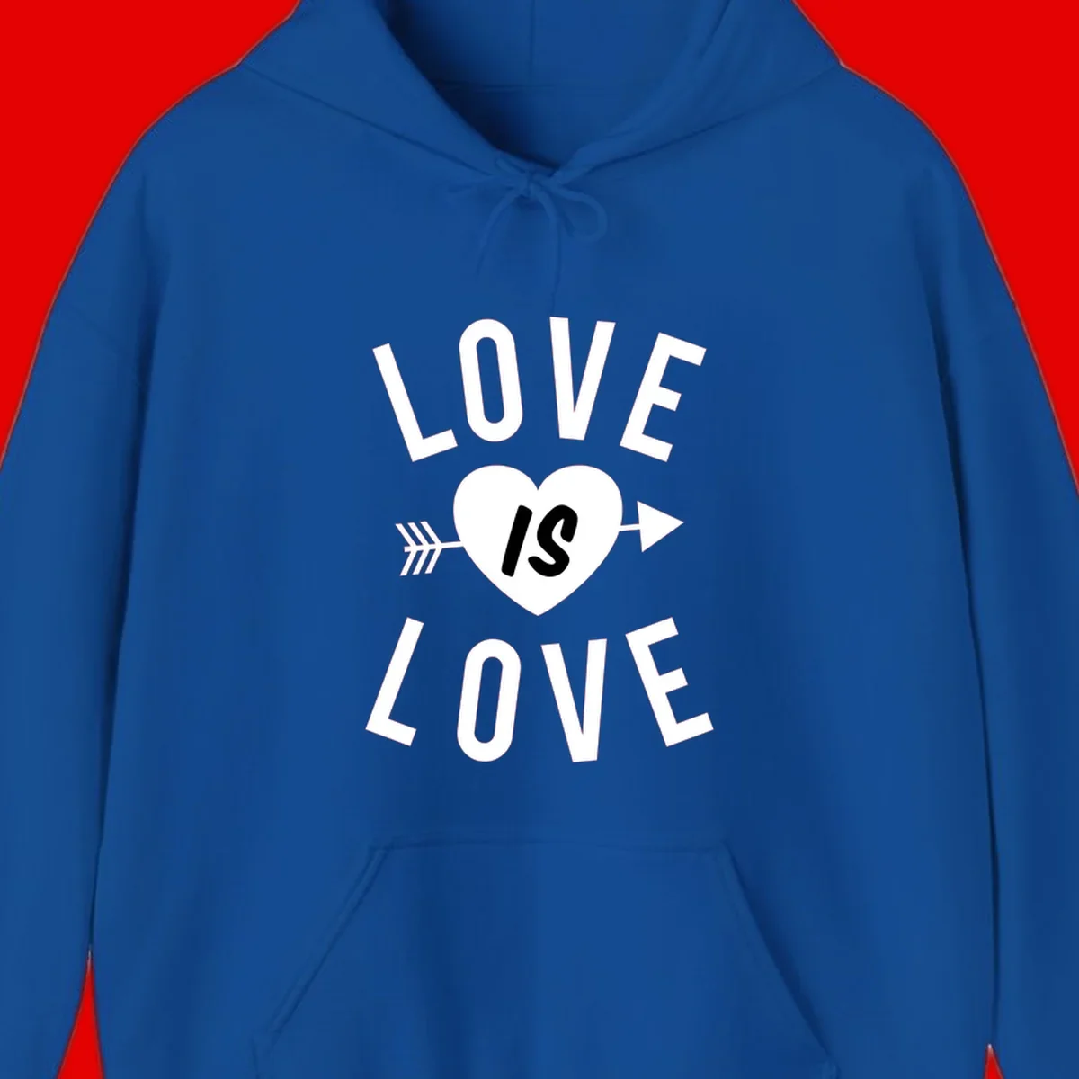 Love is love arrow heart design with white text and heart pierced by arrow on gray background