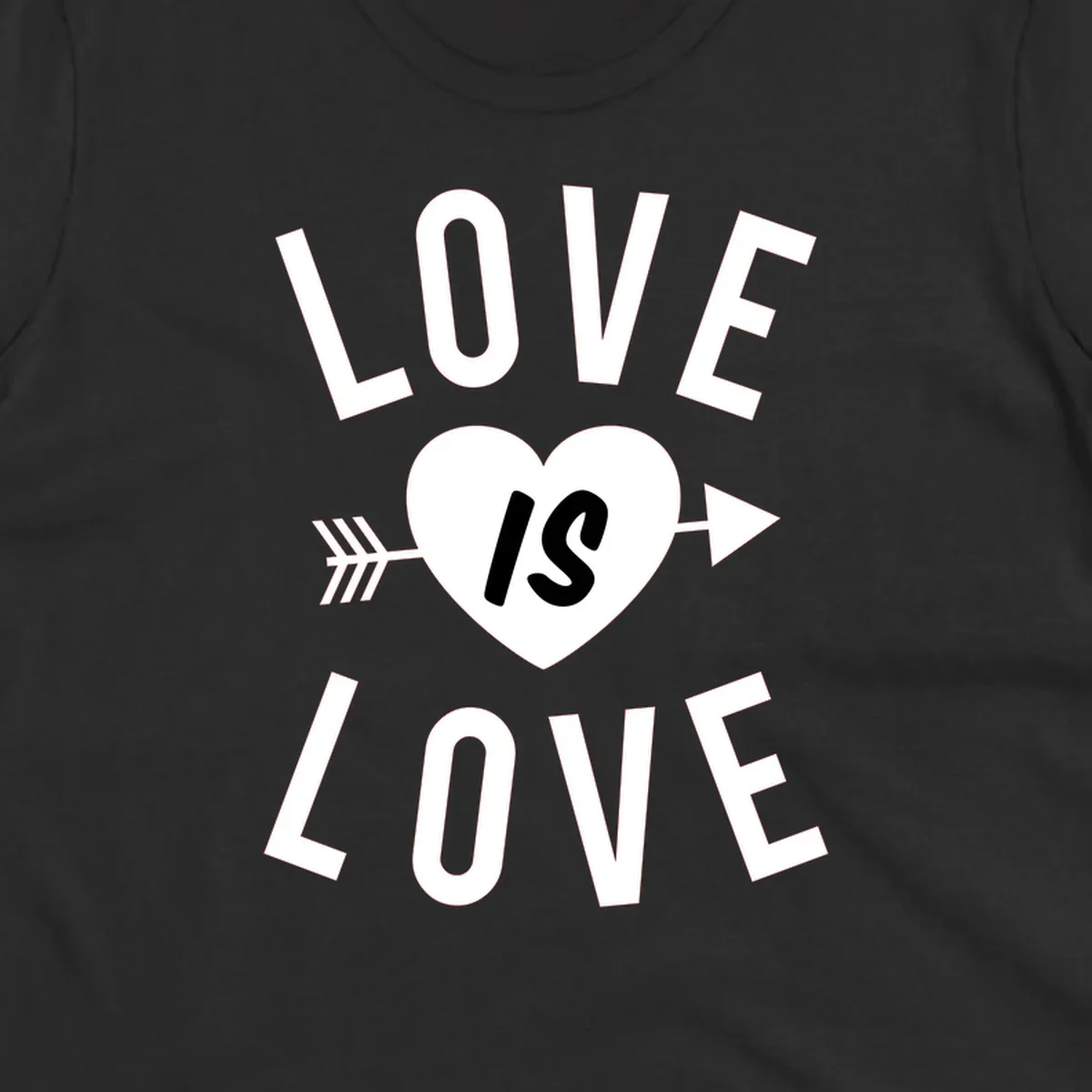 Love is love arrow heart design with white text and heart pierced by arrow on gray background