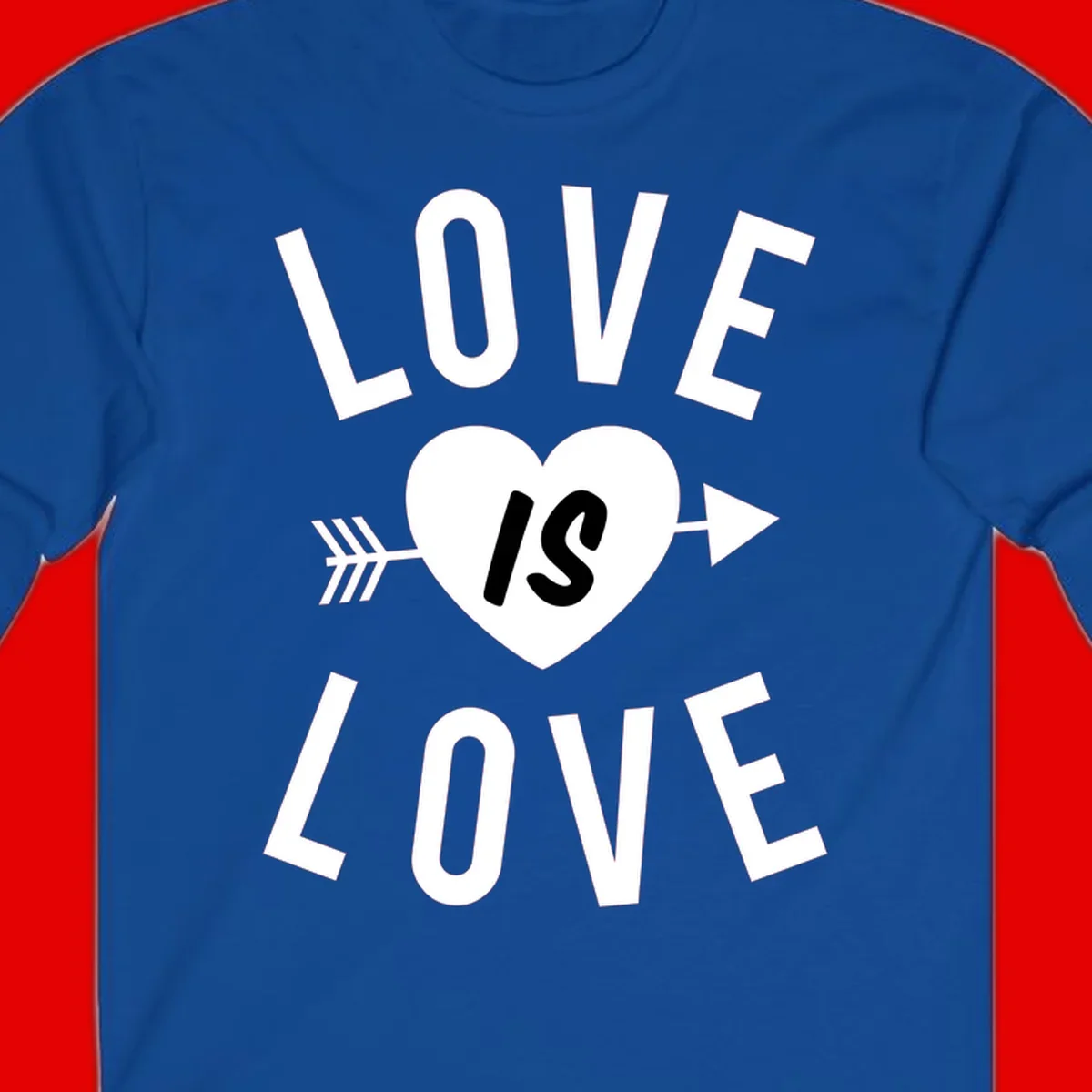 Love is love arrow heart design with white text and heart pierced by arrow on gray background