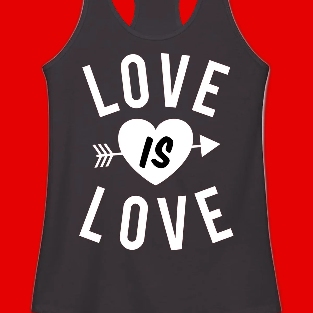 Love is love arrow heart design with white text and heart pierced by arrow on gray background