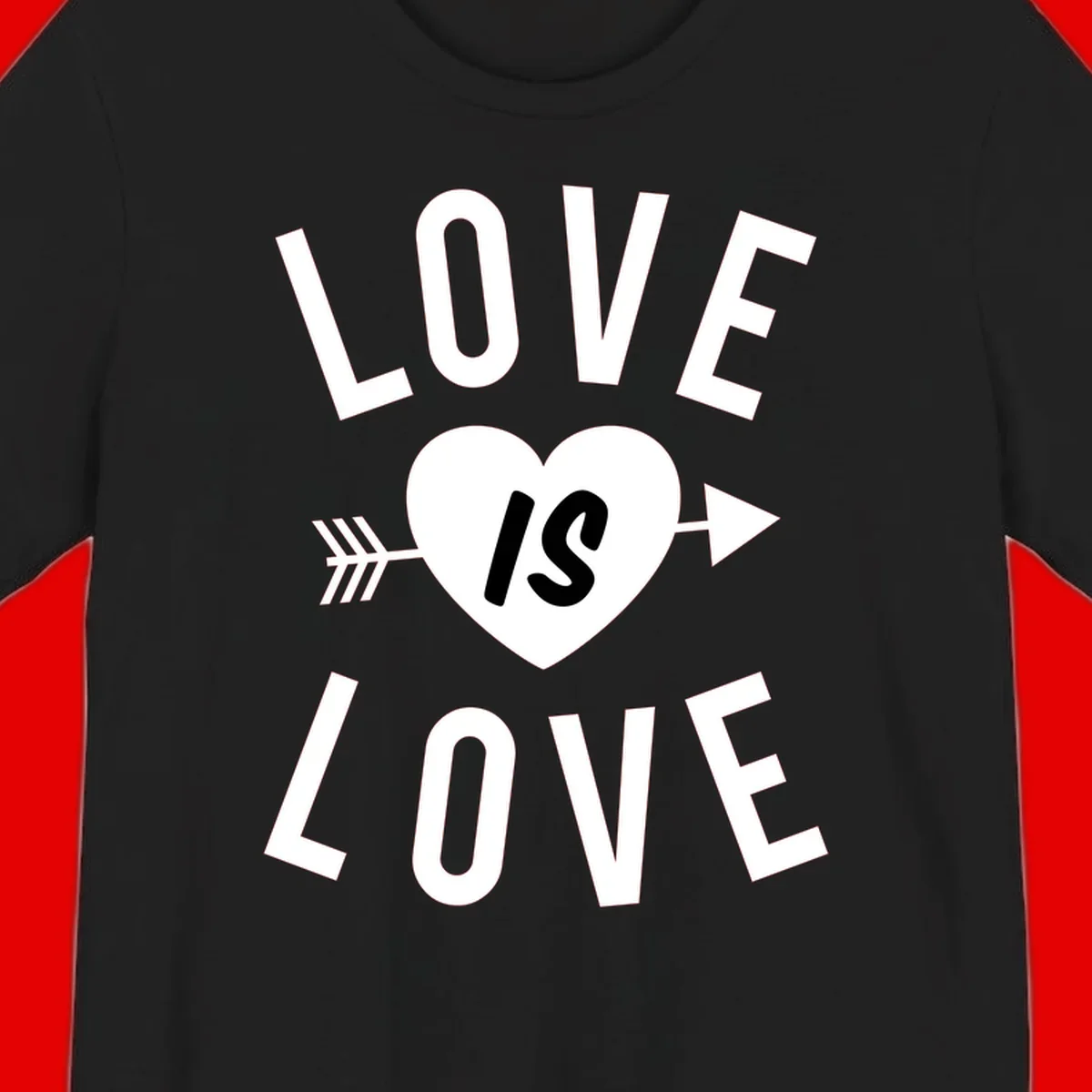 Love is love arrow heart design with white text and heart pierced by arrow on gray background