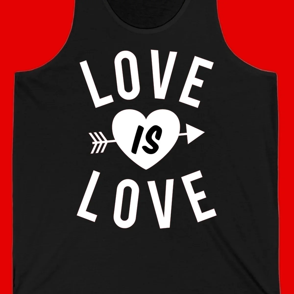 Love is love arrow heart design with white text and heart pierced by arrow on gray background