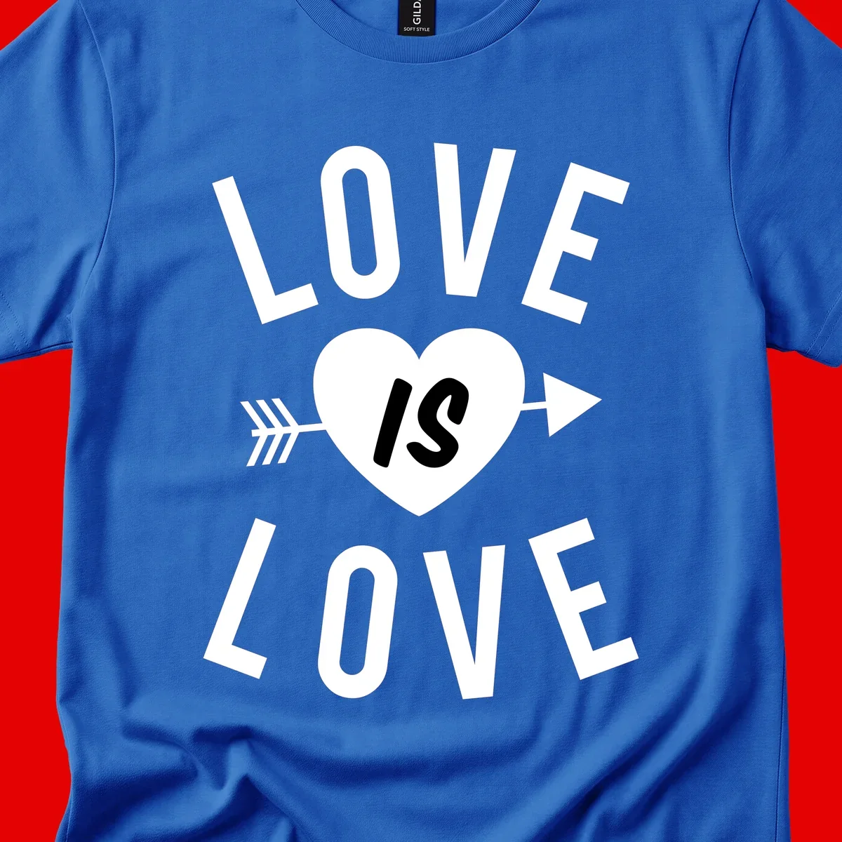 Love is love arrow heart design with white text and heart pierced by arrow on gray background