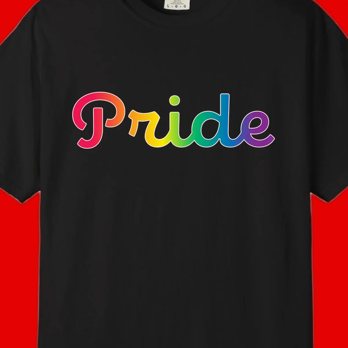 The word 'Pride' in large bold letters with rainbow gradient fill transitioning from red to purple, featuring white outlines on gray background