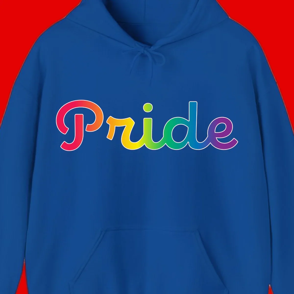 The word 'Pride' in large bold letters with rainbow gradient fill transitioning from red to purple, featuring white outlines on gray background