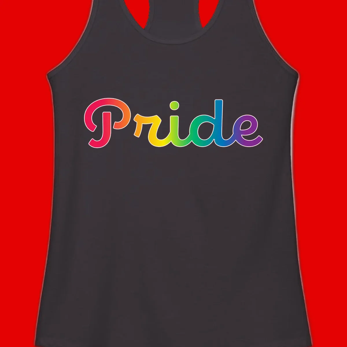 The word 'Pride' in large bold letters with rainbow gradient fill transitioning from red to purple, featuring white outlines on gray background