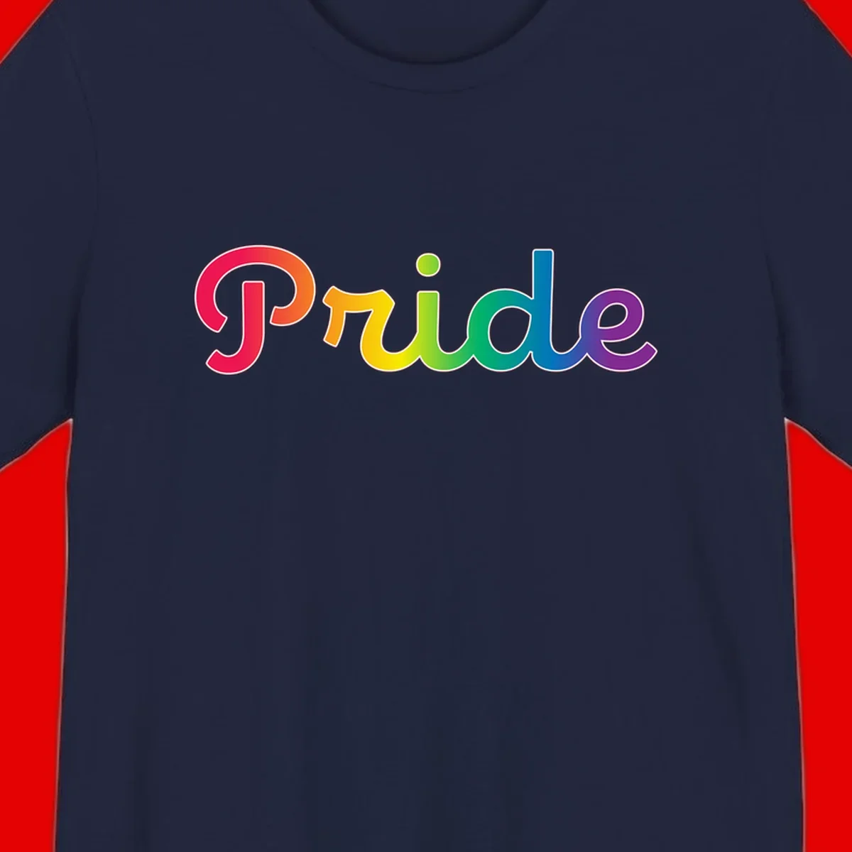 The word 'Pride' in large bold letters with rainbow gradient fill transitioning from red to purple, featuring white outlines on gray background