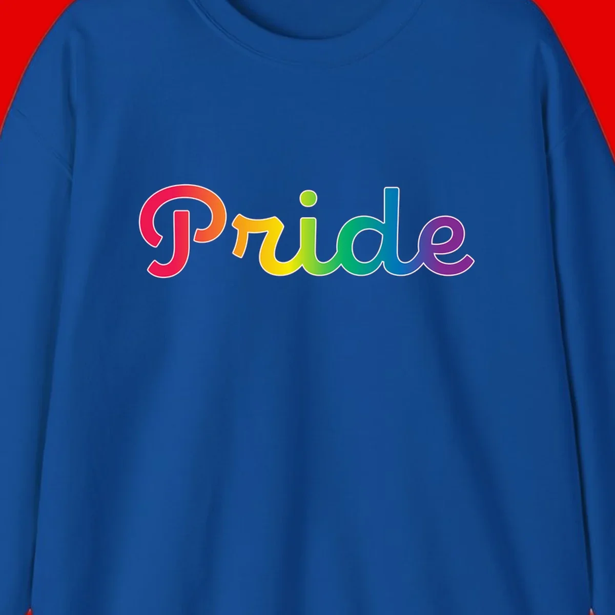 The word 'Pride' in large bold letters with rainbow gradient fill transitioning from red to purple, featuring white outlines on gray background