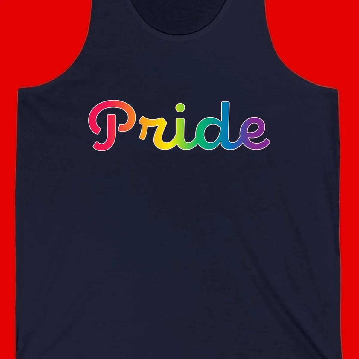 The word 'Pride' in large bold letters with rainbow gradient fill transitioning from red to purple, featuring white outlines on gray background