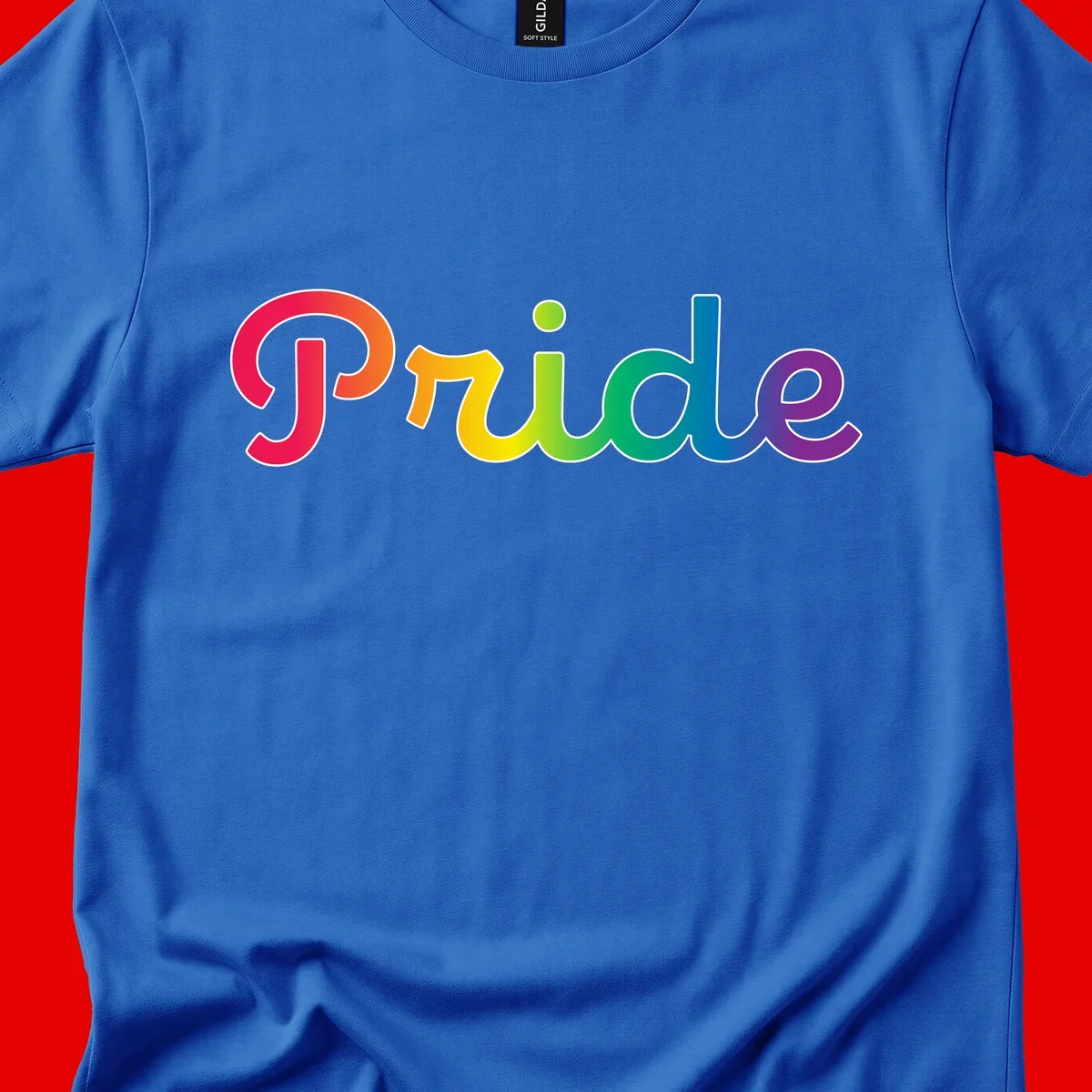The word 'Pride' in large bold letters with rainbow gradient fill transitioning from red to purple, featuring white outlines on gray background