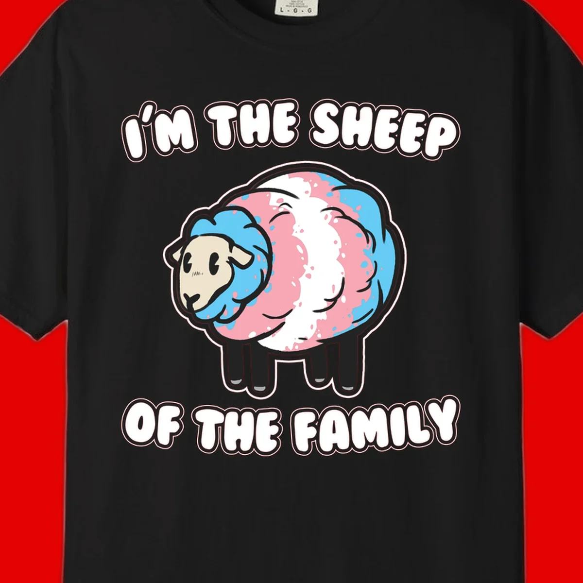 Cartoon sheep with blue and pink wool and text reading 'I'm The Sheep Of The Family'