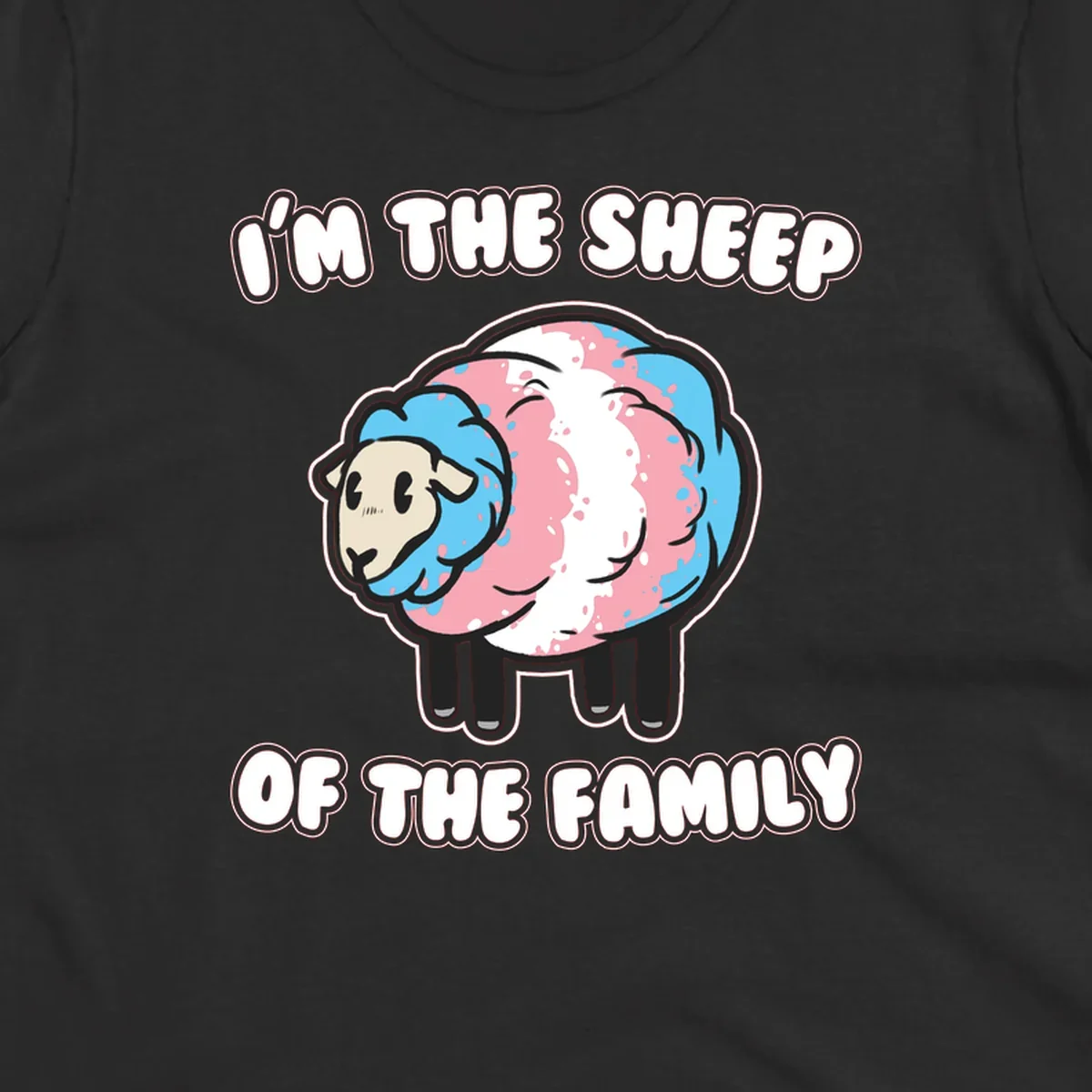 Cartoon sheep with blue and pink wool and text reading 'I'm The Sheep Of The Family'