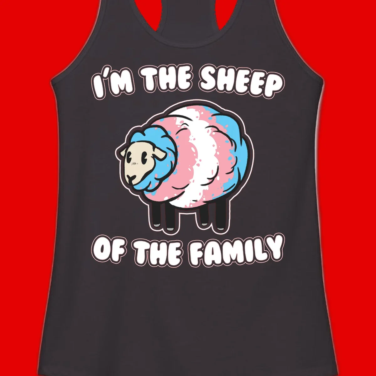 Cartoon sheep with blue and pink wool and text reading 'I'm The Sheep Of The Family'