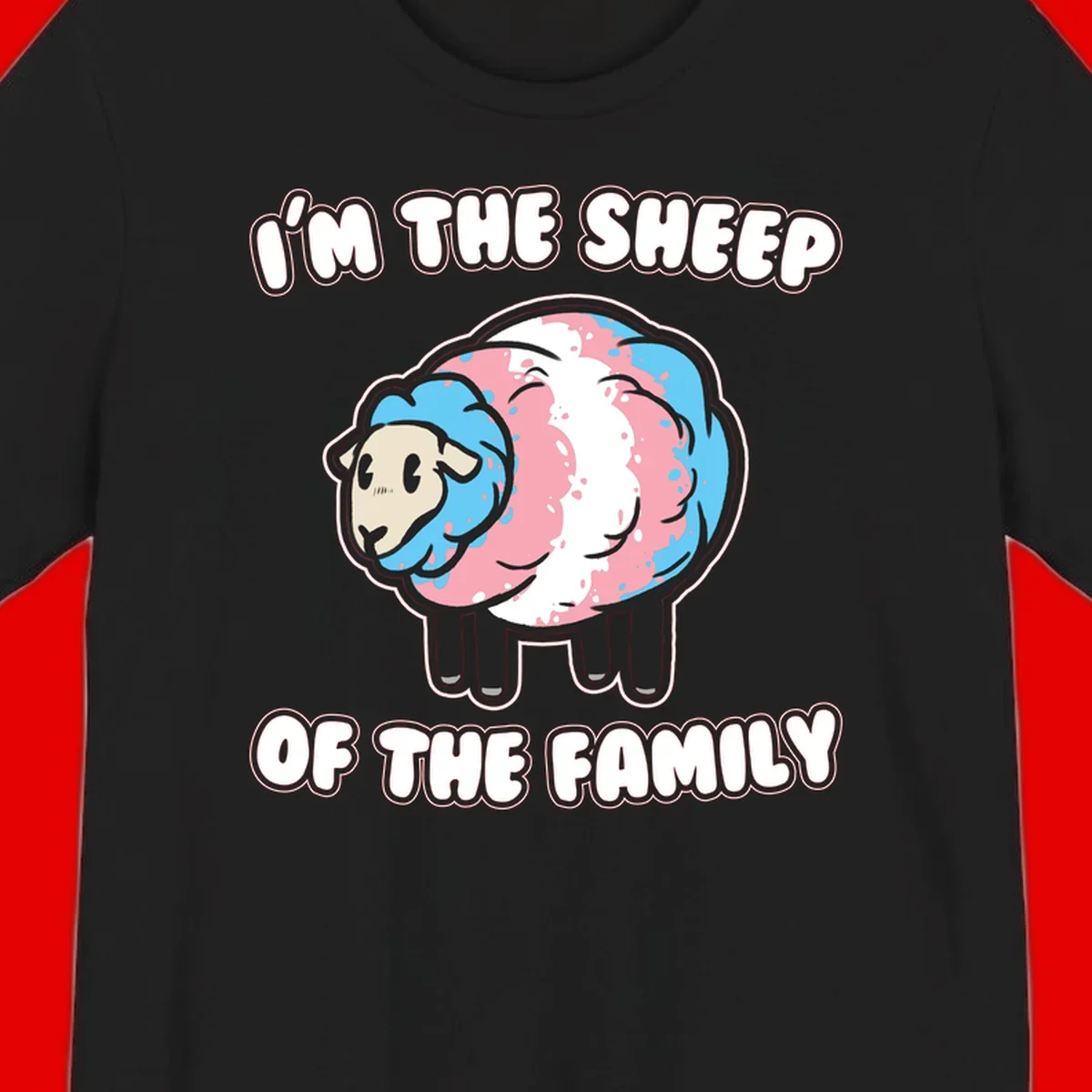 Cartoon sheep with blue and pink wool and text reading 'I'm The Sheep Of The Family'