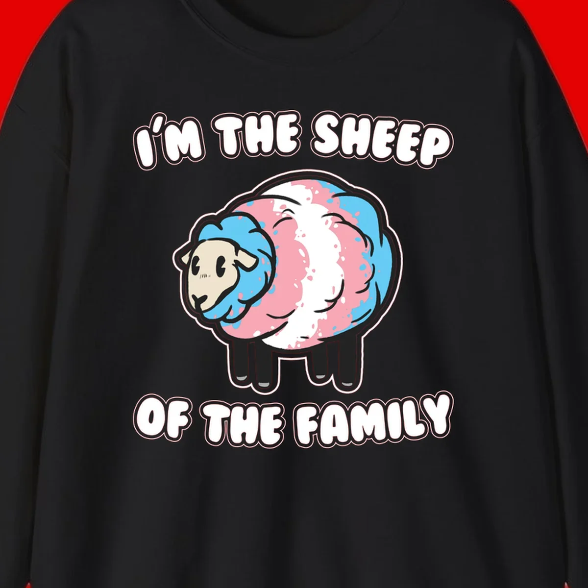 Cartoon sheep with blue and pink wool and text reading 'I'm The Sheep Of The Family'
