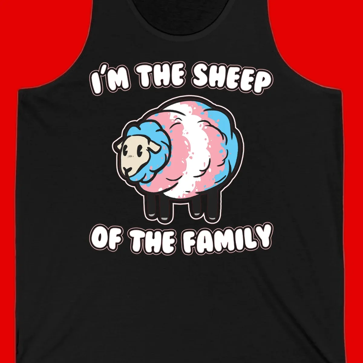 Cartoon sheep with blue and pink wool and text reading 'I'm The Sheep Of The Family'
