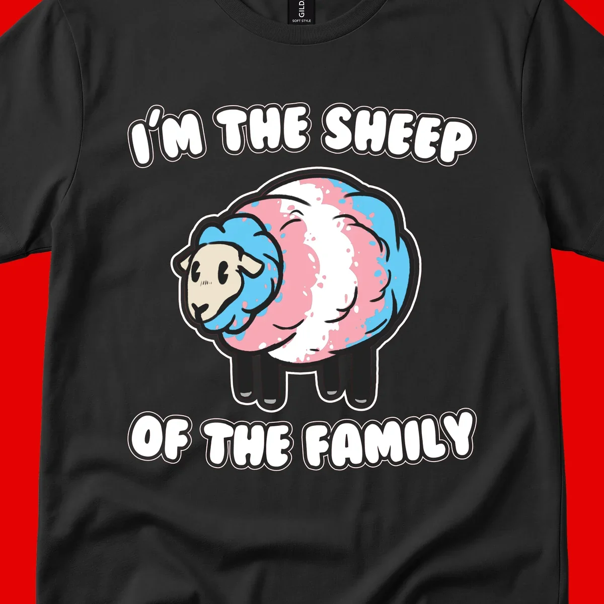Cartoon sheep with blue and pink wool and text reading 'I'm The Sheep Of The Family'