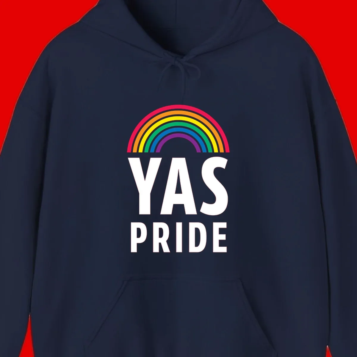 Yas pride rainbow design featuring colorful concentric rainbow arc above bold white text reading 'YAS PRIDE' on gray background